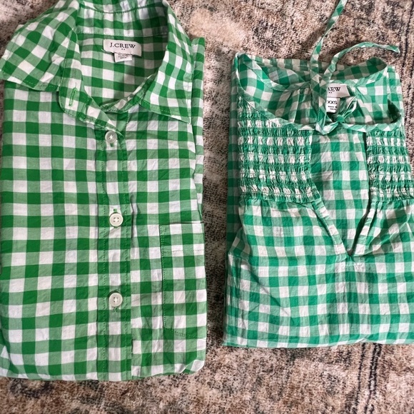 J. Crew Green Gingham Women's Top XXS Tie Neck Smocked Cotton Woven Casual Chic - Picture 4 of 16